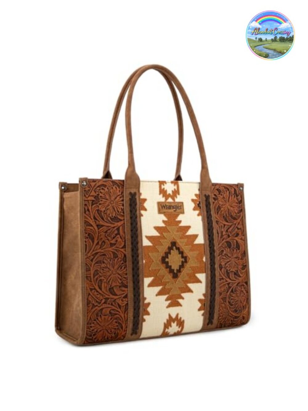 Large Western Tote Bag with Floral Tooled Leather and Aztec Tapestry